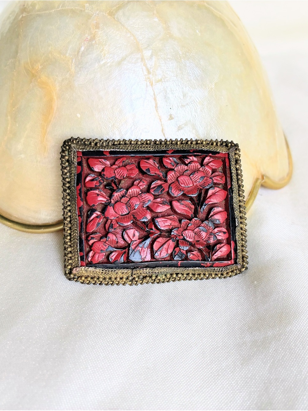 Antique Chinese Carved Cinnabar Brooch Pin, Flowers